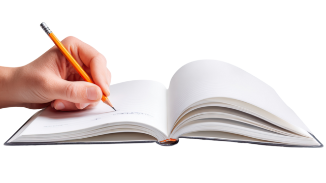 Student Reading Open Book with Pencil and Notepad on Transparent Background