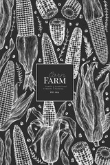Hand Drawn Vector Sweet Corn Illustration. Not AI Generated. Autumn Seasonal Chalk Board Background. Fall Season Farm Banner. Vintage Harvest Design Template.