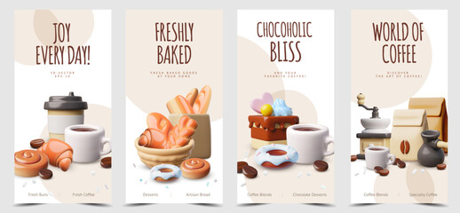 World of Coffee shop flyers advertising design vector set, coffee cup, coffee grinder, bakery and confectionery products