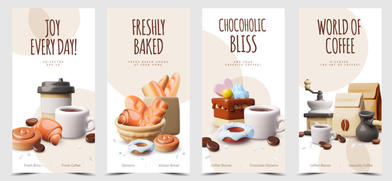 World of Coffee shop flyers advertising design vector set, coffee cup, coffee grinder, bakery and confectionery products