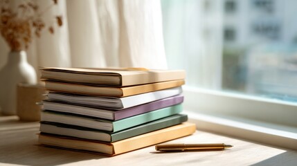 Stack of colorful notebooks and journals on wooden desk near bright window with sunlight ideal for study workspace organization and creative productivity themes