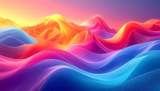 Abstract landscape featuring flowing, vibrant ribbons of color creating layered, wave-like forms under a radiant, gradient sky