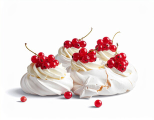 Festive meringue desserts topped with bright red berries set against a snowy winter backdrop for holiday celebration