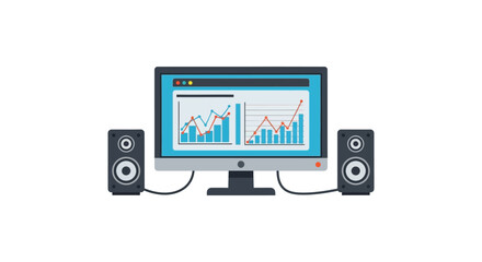Computer monitor displaying financial charts and graphs with two black speakers on either side silhouette