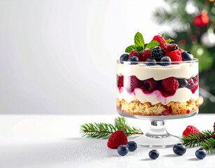 Festive dessert trifle with fresh berries and cream perfect for Christmas celebrations and holiday gatherings