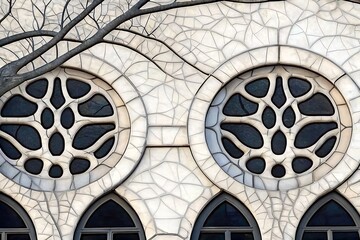 Ornate White Mosaic Facade with Intricate Circular Stained Glass Windows and Gothic Arches