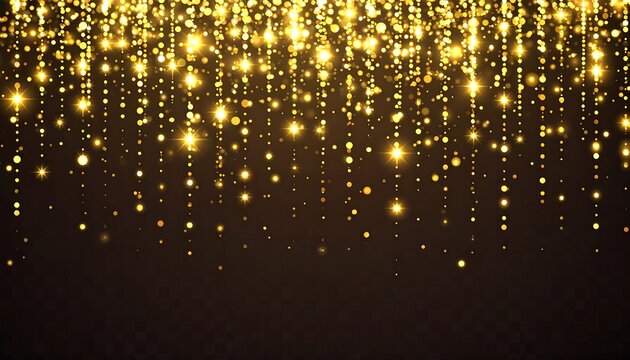 An abstract background with flowing golden glitter strands cascading downward. Each strand features glowing orbs against a dark, textured background