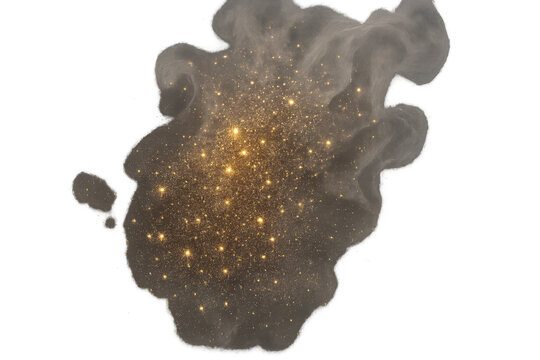 Glowing gold glitter dust explosion forming abstract cosmic cloud with smoke against transparent background