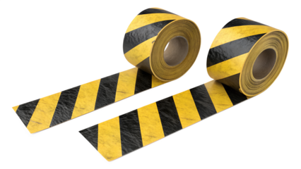 Two bright yellow and black striped warning tapes unroll, clearly isolated, showing their distinct hazard pattern on a transparent background.