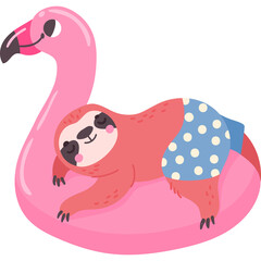 Cute Pink Flamingo Pool Float With A Sleeping Sloth Wearing Blue Polka Dot Shorts On A Transparent Background