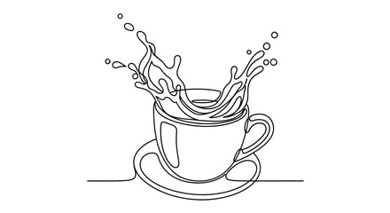 Coffee cup splash continuous line art liquid drink