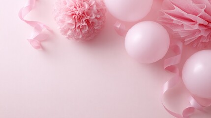 Obraz premium Pink-themed flat lay of party decorations and invitations for girl celebrations, baby showers, and festive gatherings.