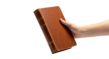 Hand holding an old brown leather bound book with gold detailing on the spine, isolated on a white or transparent background, cutout, PNG