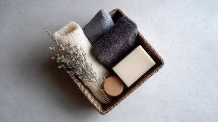 Flat lay of eco-friendly self-care gift basket with zero waste cosmetic products, styled for seasonal gifting.