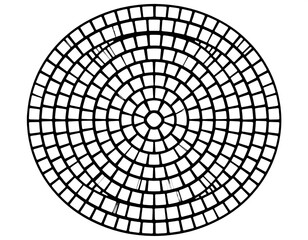An abstract black and white illustration featuring concentric circles comprised of square grid segments