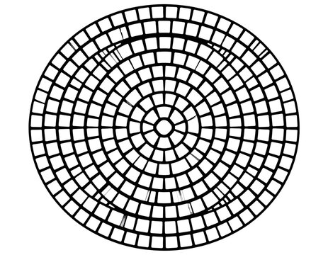 An abstract black and white illustration featuring concentric circles comprised of square grid segments