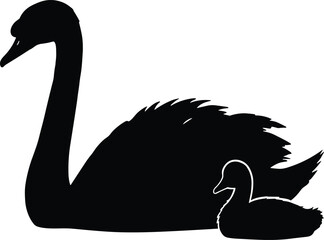 Graceful Black Swan and Cygnet Silhouettes, Representing Motherhood, Family Bonds, and Nature's Serenity, Isolated Vector Illustration for Wildlife and Wetland Concepts