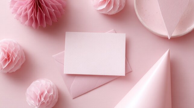 Flat lay of girl party accessories on pink background, including invitations and decorations for birthdays or bachelorette parties.