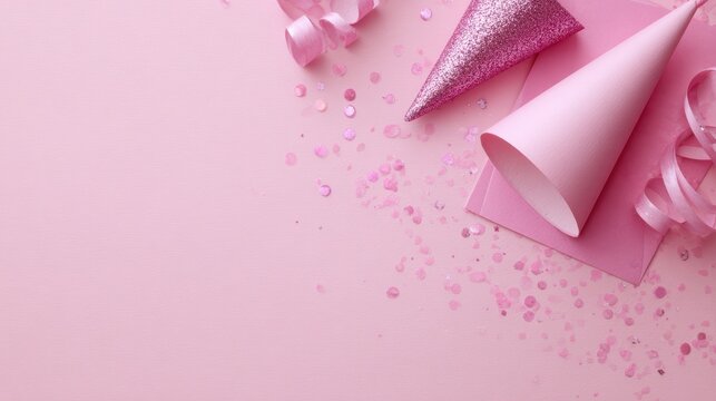 Flat lay of girl party accessories on pink background, including invitations and decorations for birthdays or bachelorette parties.