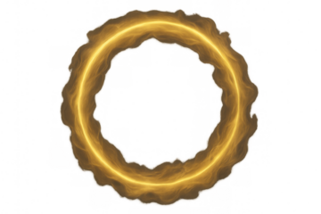 Golden magic ring performing mystical energy circle, shiny flame effect, abstract portal or power frame on transparent background