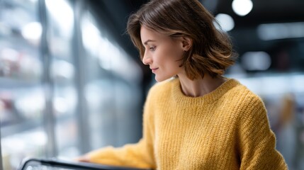 Young attractive woman holding shopping cart, inspecting items in supermarket fridge, planning ingredients for a home-cooked meal