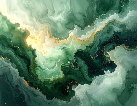 Abstract art with flowing green and gold hues, simulating a marbled or geode effect with fluid dynamics