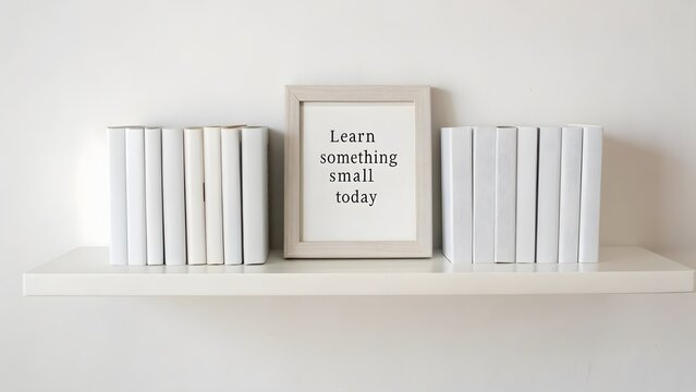 Minimalist shelf with white books and framed motivational quote