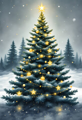 Elegant snowy pine tree with twinkling lights and warm glow on muted background. Cozy Christmas painting for seasonal design and home decoration.
