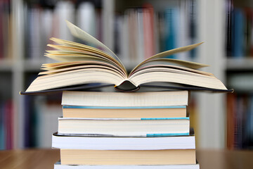 Fototapeta premium Open novel on the stack of books in front of the shelf. stack of books