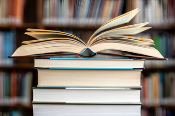 Fototapeta premium Open novel on the stack of books in front of the shelf. pile of books