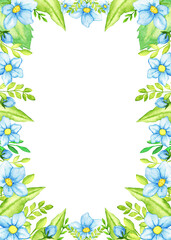 Fototapeta premium Elegant floral frame with blue flowers and green leaves for invitations or crafts. Vertical template for gender reveal party, baby shower, birthday, baptism, boy or girl party. Hand drawn