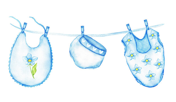 Charming blue baby clothes hanging on a line with floral accents for nursery decor. Watercolor for gender reveal party, baby shower, birthday, baptism, boy or girl party. For invitation, card, poster - Powered by Adobe
