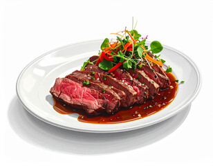 Elegant Christmas food backdrop showcasing a beautifully plated beef dish with vibrant garnishes for festive celebrations