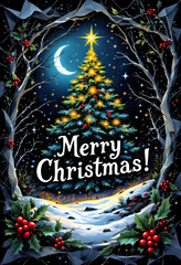 Elegant watercolor Christmas card with green pine tree, golden star, subtle glitter, and handwritten “Merry Christmas” text below.