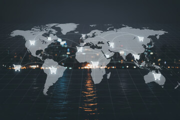 Global E-commerce Network on World Map with Shopping Carts