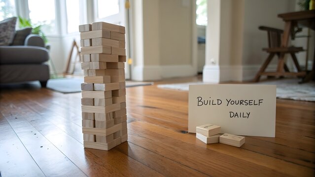Wooden block tower being built next to a handwritten card
