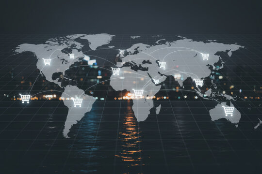 Global E-commerce Network on World Map with Shopping Carts
