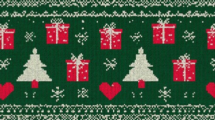 Naklejka premium Retro-inspired pixel art Christmas pattern with green background, red presents, white snowflakes, small trees, hearts, and knitted texture, creating festive and cozy holiday design concept.