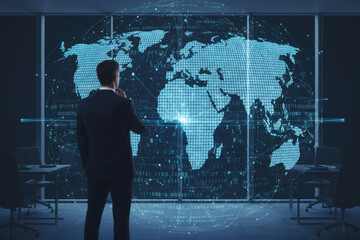 Businessman Pondering Global Strategy in Front of Digital World Map