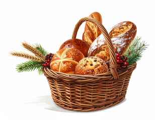 Festive Christmas bread basket filled with assorted holiday baked goods on a snowy winter backdrop