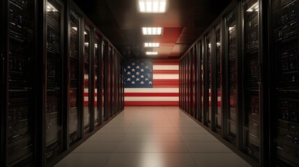 photorealistic render of secure server room under national flag lighting