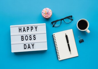 Happy boss day celebration with coffee notebook and glasses on a blue background