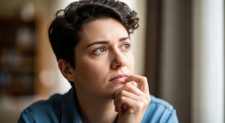 Obraz premium Pensive and thoughtful woman with short hair looking out of a window, contemplating life with a serious and worried expression