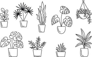 Potted Houseplants Line Art Collection, Indoor Greenery Illustration Set, Home Decor Elements, Botanical Garden Outline, Minimalist Plant Design, Nature Motif, Coloring Book Page, Vector Resource
