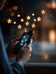 Woman using smartphone to browse stars and magic effects at night  