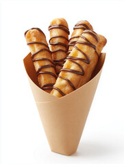 Donut sticks drizzled with chocolate in a paper cone  