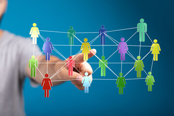 Concept of global digital network. Colorful human icons represent connections, teamwork and social...