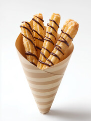 Churros drizzled with chocolate in striped paper cone  
