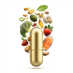 Golden capsule surrounded by healthy food ingredients for nutrition  