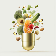 Colorful capsule with healthy foods like salmon, nuts, and vegetables  